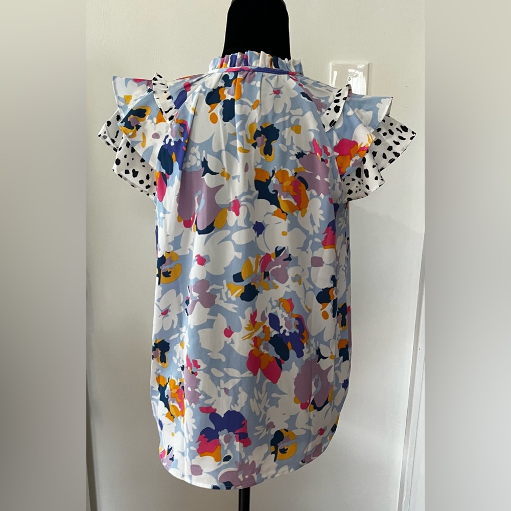 Floral Ruffle Sleeve Blouse w/ Dalmatian Print Detail | Colorful Boho Top - Picture 2 of 7
